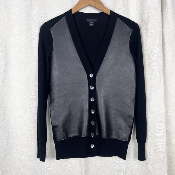 J. Crew Collection leather & merino wool cardigan sweater black lightweight XXS - Picture 2 of 11